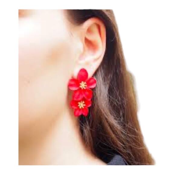 Boho Chic Hippie Red Hibiscus Tropical Pretty Flower Statement Post Earrings - Picture 1 of 8